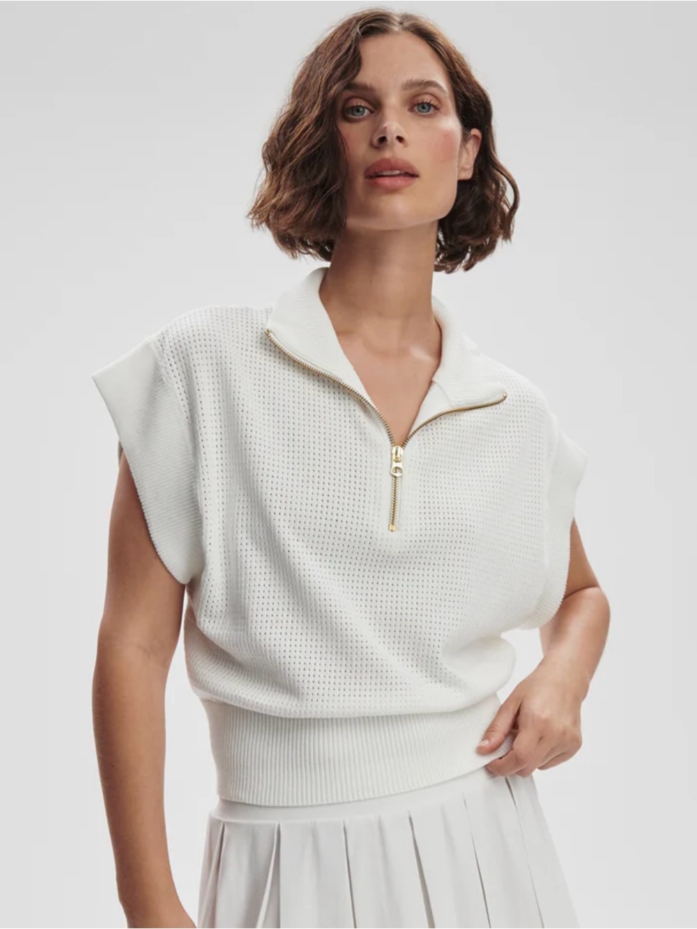 Varley White Perforated Zip-Neck Knit Top with Gold Trim